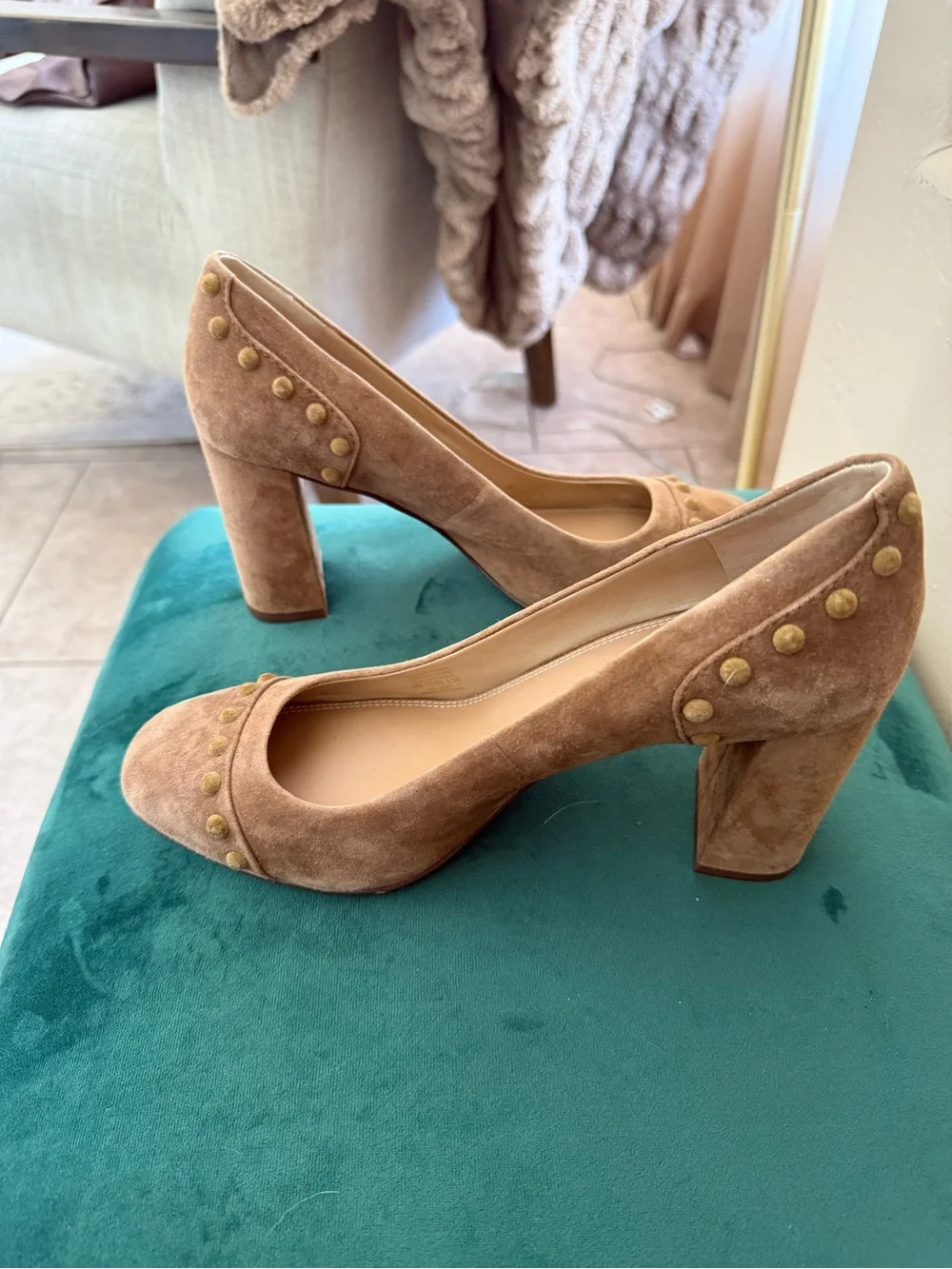 Tory Burch Colt Women’s Suede Block Heel Pumps in light brown with Stud Detail